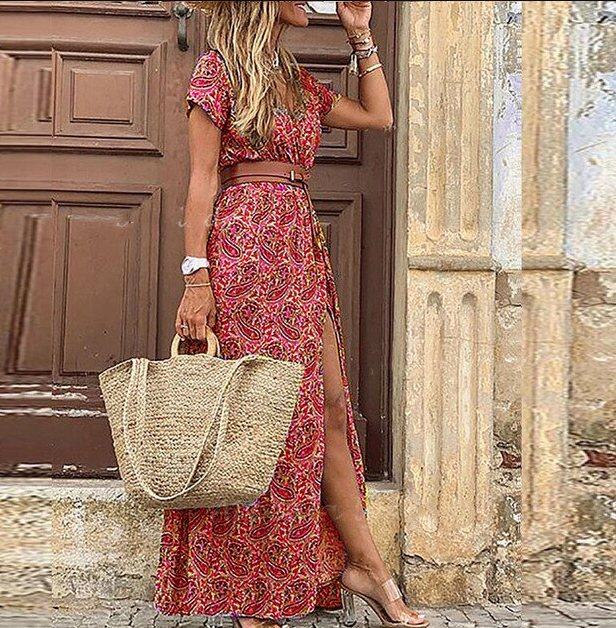 Summery Women's Bohemian Maxi Dress with Print and Short Sleeves
