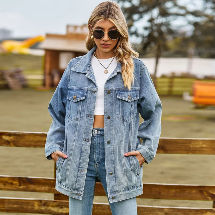 Oversized Denim Jacket for Women with Chest Pockets and Snap Button Closure