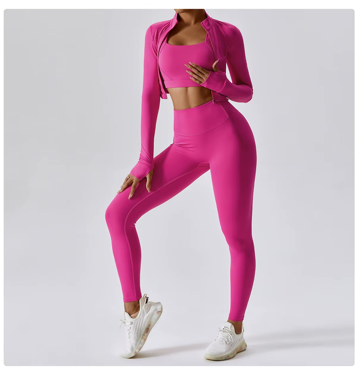Fitness Tracksuit Women’s 3-Piece Sports Set with High Waist Leggings, Crop Top, and Jacket