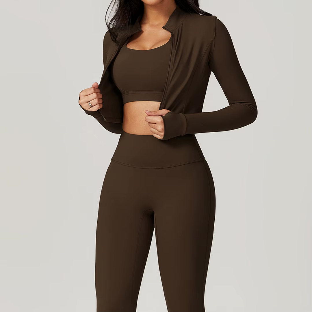 Fitness Tracksuit Women’s 3-Piece Sports Set with High Waist Leggings, Crop Top, and Jacket