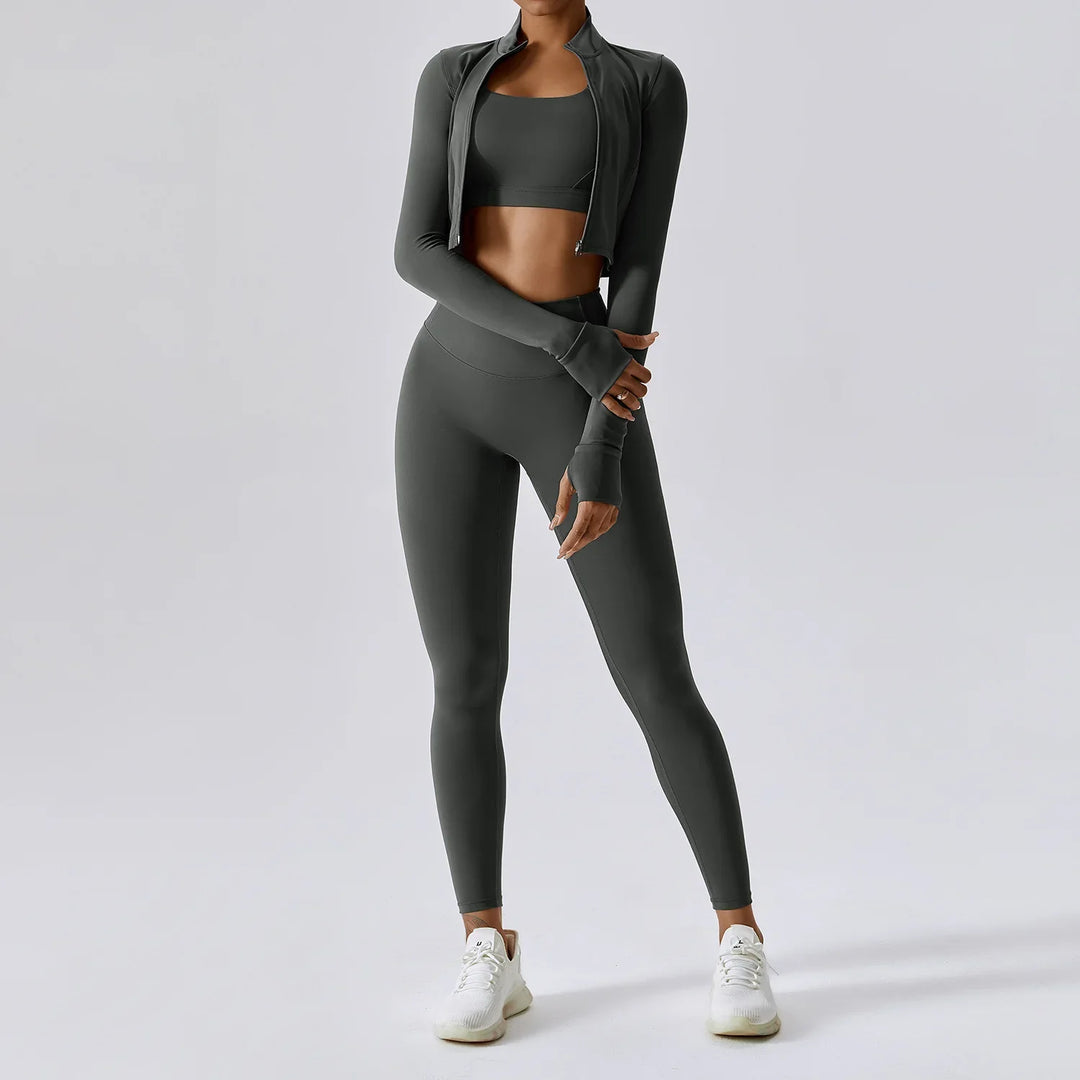Fitness Tracksuit Women’s 3-Piece Sports Set with High Waist Leggings, Crop Top, and Jacket