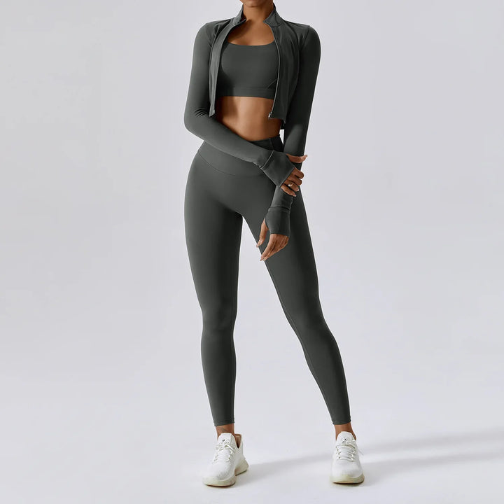 Fitness Tracksuit Women’s 3-Piece Sports Set with High Waist Leggings, Crop Top, and Jacket