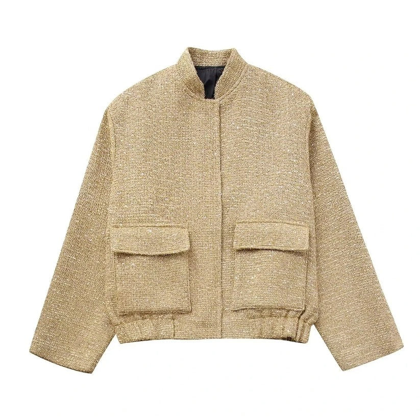 Stylish Elegant Women's Bomber Jacket with Gold Sequins