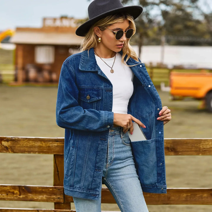 Oversized Denim Jacket for Women with Chest Pockets and Snap Button Closure