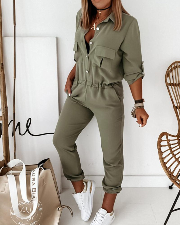 Trendy Green Women's Cargo Utility Jumpsuit with Long Sleeves