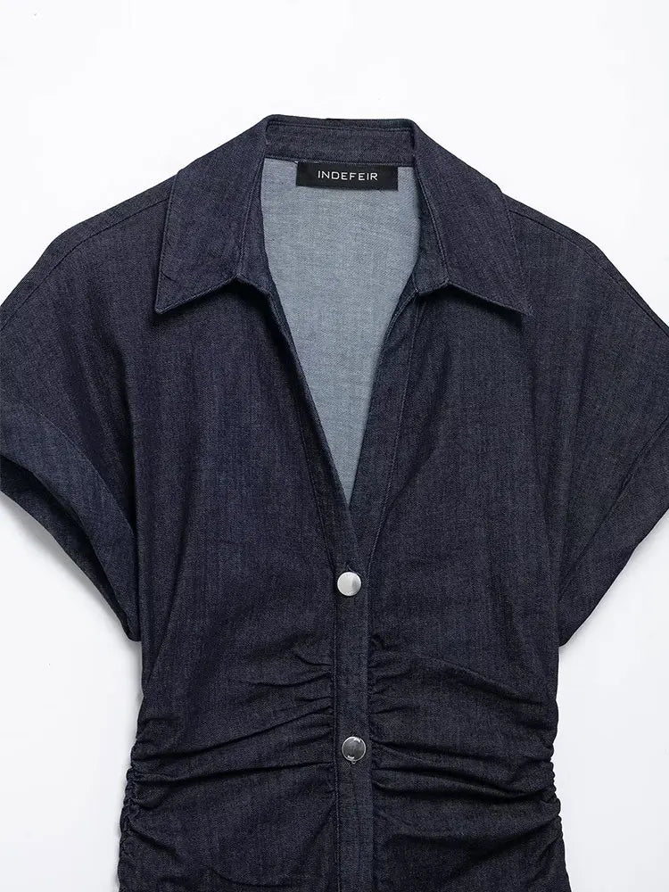 Victoria | Dark Blue Denim Dress - Midi