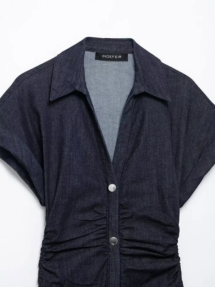 Victoria | Dark Blue Denim Dress - Midi