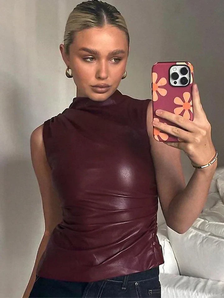 Stylish Women's Leather Top with Sleeveless Design and Draped Neckline
