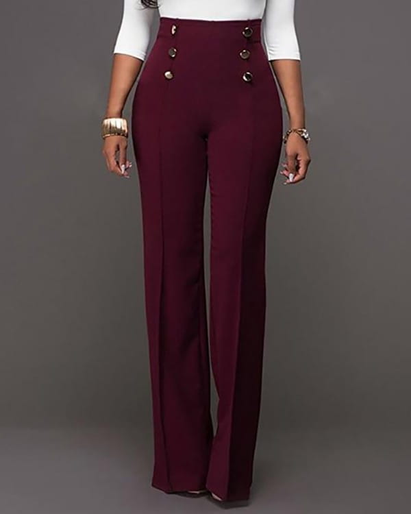 Wine-Red Women's Pants with High Waist and Buttons