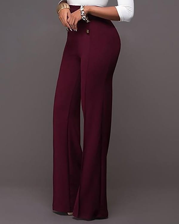 Wine-Red Women's Pants with High Waist and Buttons