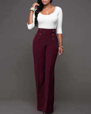 Wine-Red Women's Pants with High Waist and Buttons