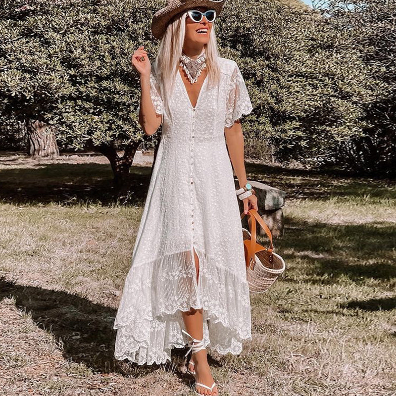 Elegant Summer White Boho Maxi Dress for Women with Lace and Buttons