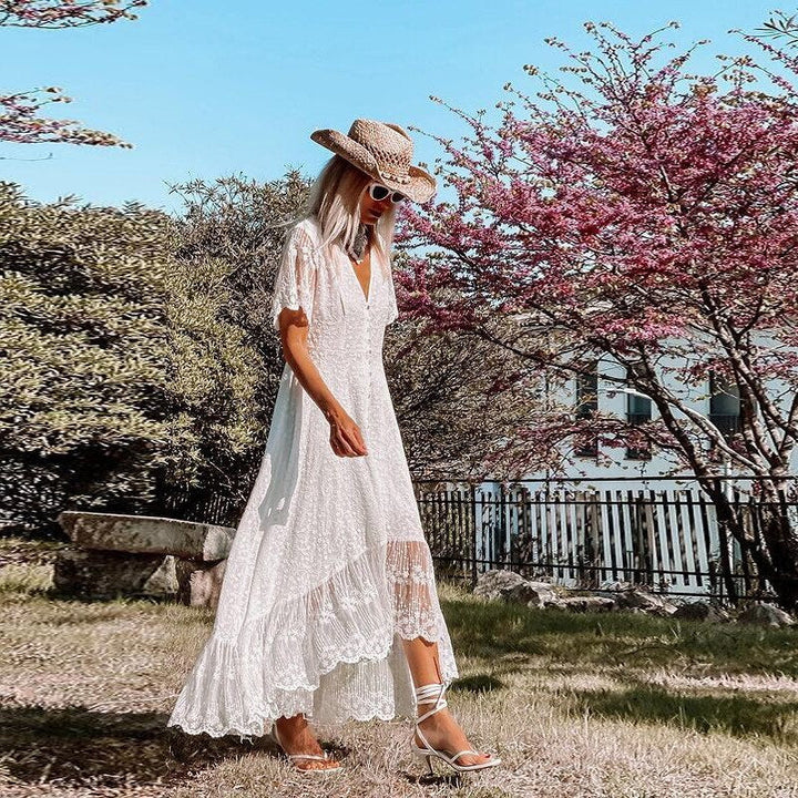 Elegant Summer White Boho Maxi Dress for Women with Lace and Buttons