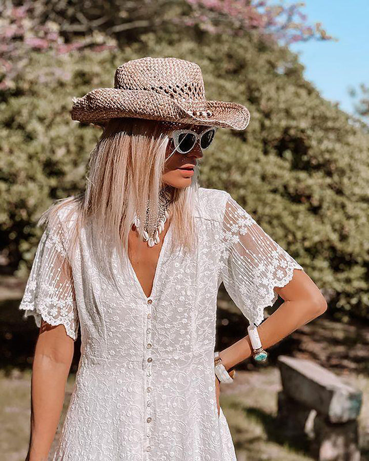 Elegant Summer White Boho Maxi Dress for Women with Lace and Buttons