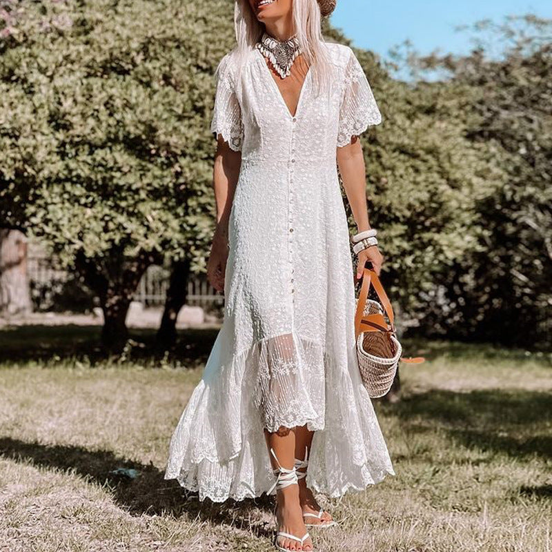 Elegant Summer White Boho Maxi Dress for Women with Lace and Buttons
