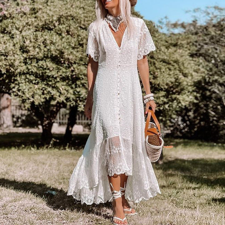 Elegant Summer White Boho Maxi Dress for Women with Lace and Buttons