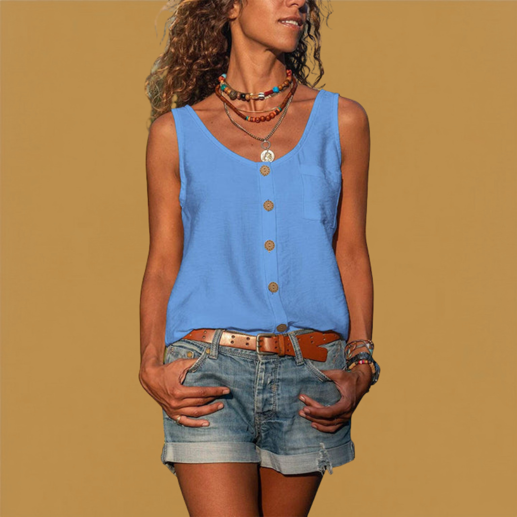 Sleeveless Airy Women's Top with Buttons and Round Neck