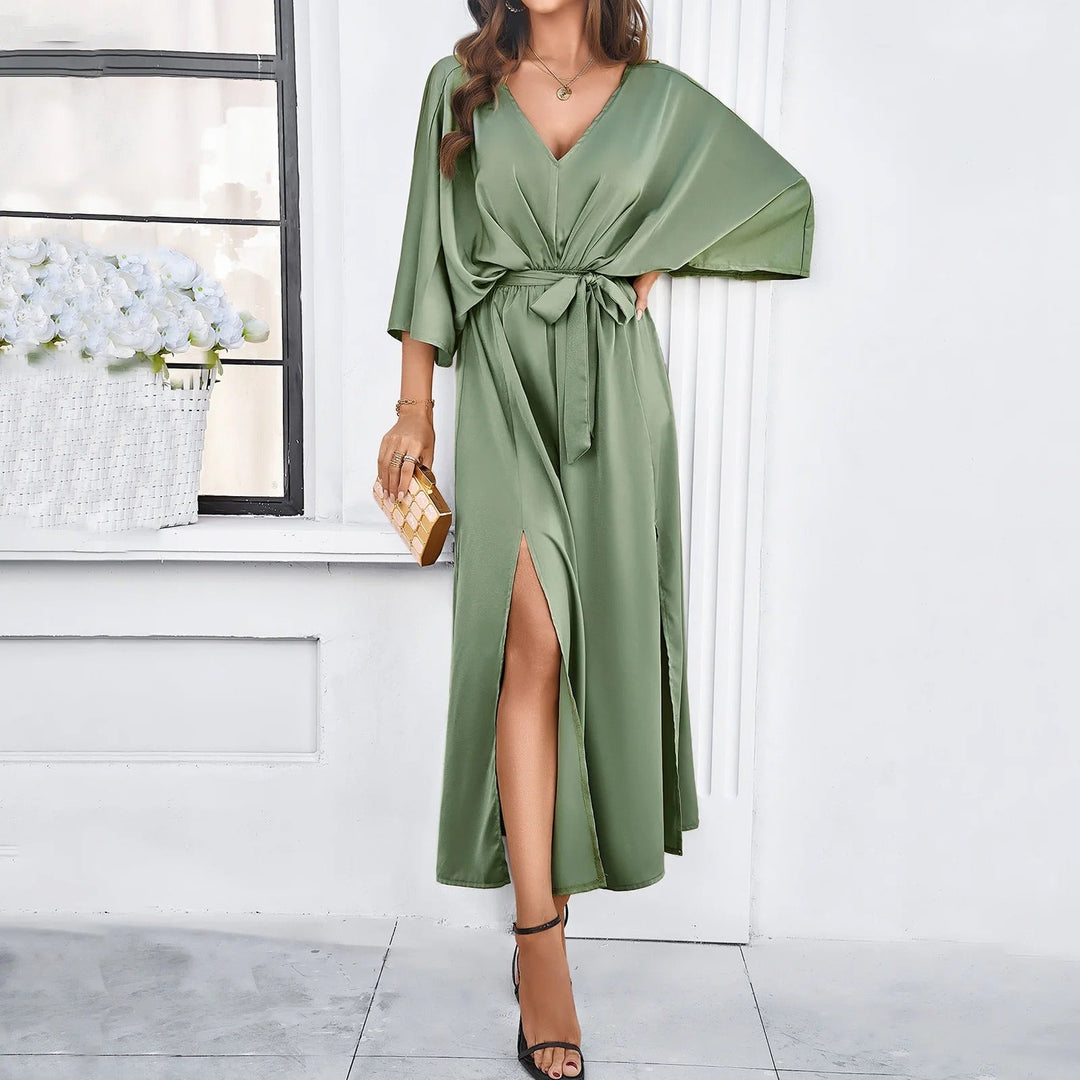 Summer Maxi Dress for Women with V-Neck Loose Fit Tie Waist and Split