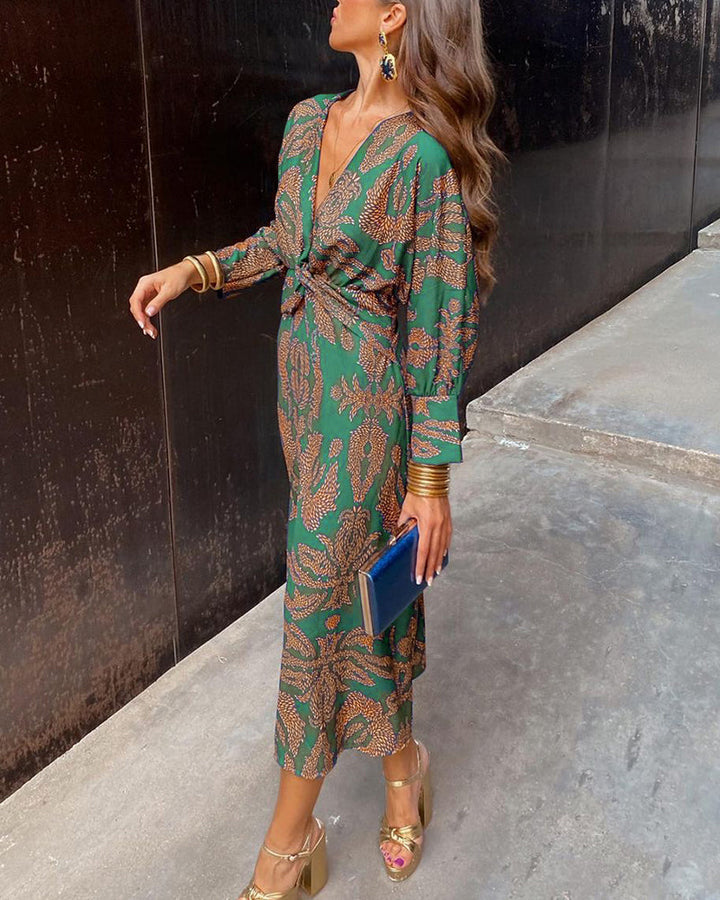 Stylish Midi Dress For Women With Print And Long Sleeves
