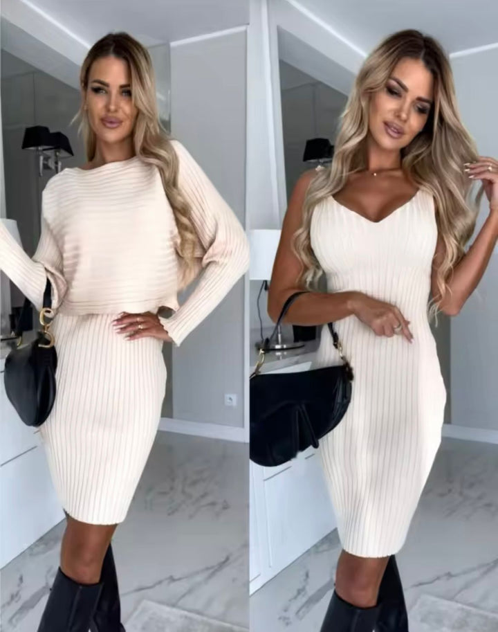 Elegant Ribbed Mini Dress Set with Soft Sweater Top
