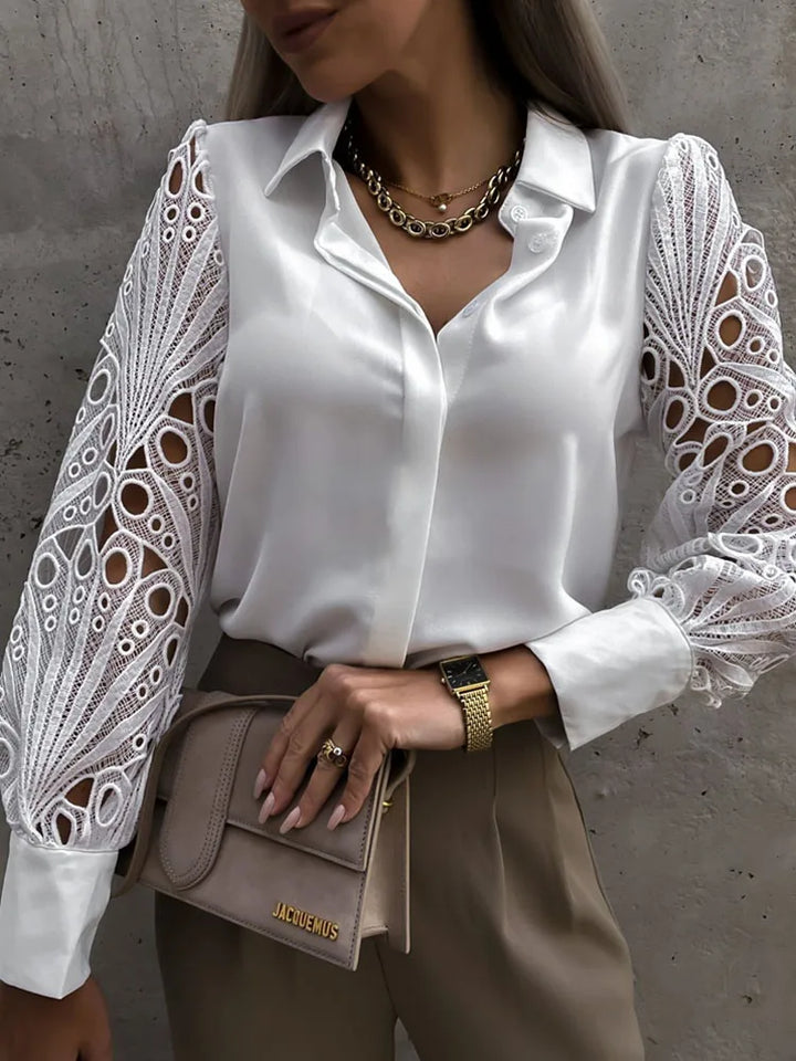 Women's Stylish Blouse With Long Lace Sleeves And Classic Collar