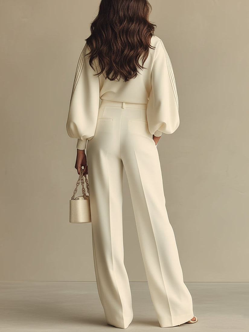 Beige Knitted Set for Women with Puff Sleeves and Wide Pants