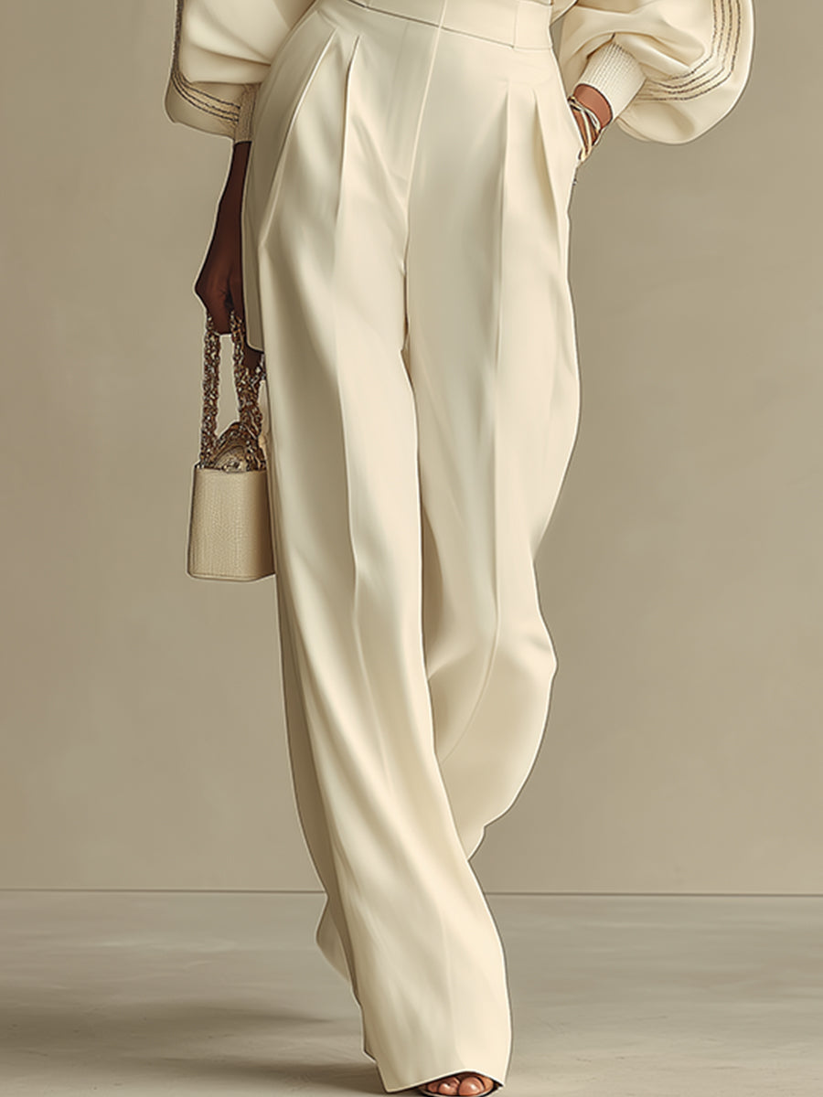 Beige Knitted Set for Women with Puff Sleeves and Wide Pants