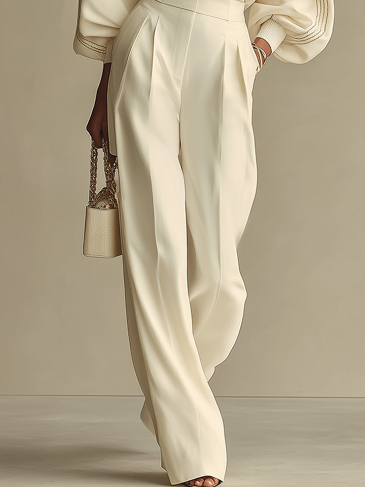 Beige Knitted Set for Women with Puff Sleeves and Wide Pants