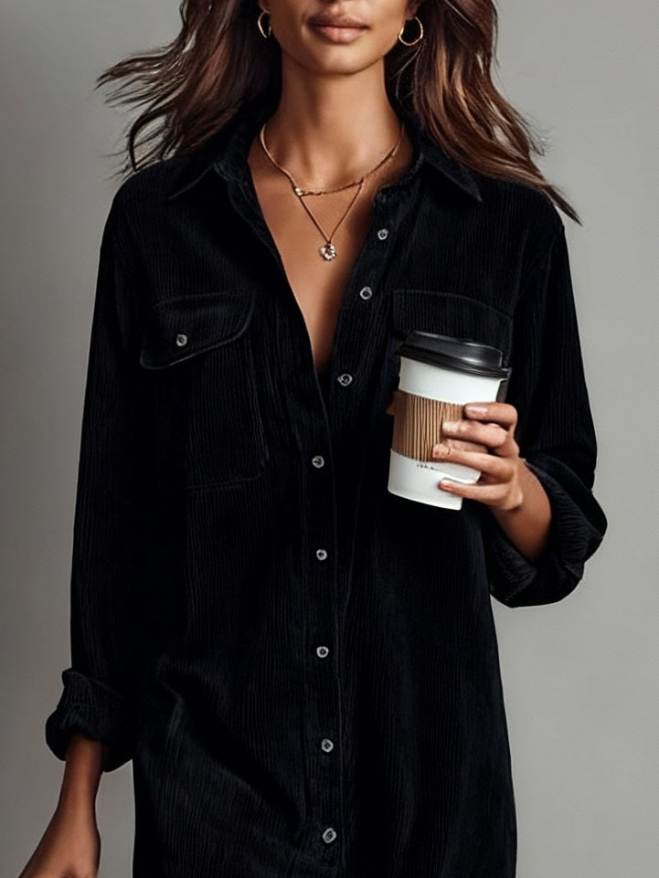 Stylish Women's Corduroy Shirt Dress with Button Closure and Pockets