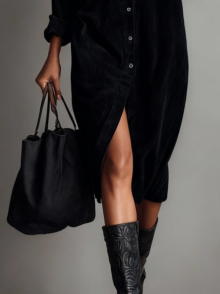 Stylish Women's Corduroy Shirt Dress with Button Closure and Pockets