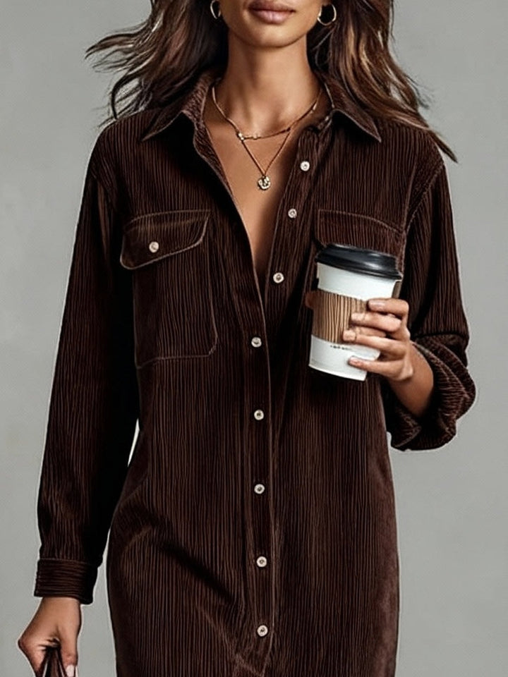 Stylish Women's Corduroy Shirt Dress with Button Closure and Pockets