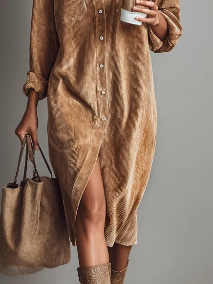 Stylish Women's Corduroy Shirt Dress with Button Closure and Pockets