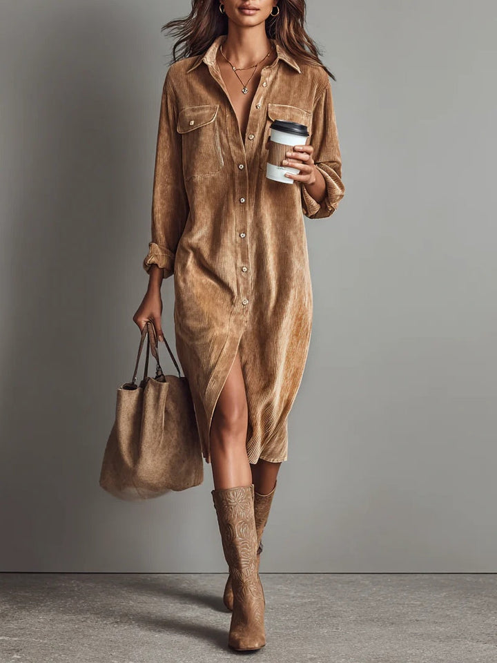 Stylish Women's Corduroy Shirt Dress with Button Closure and Pockets