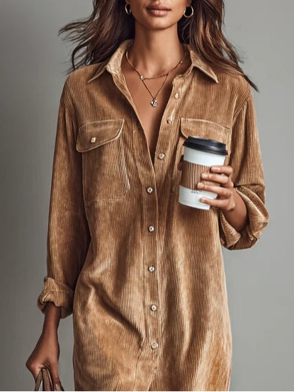 Stylish Women's Corduroy Shirt Dress with Button Closure and Pockets
