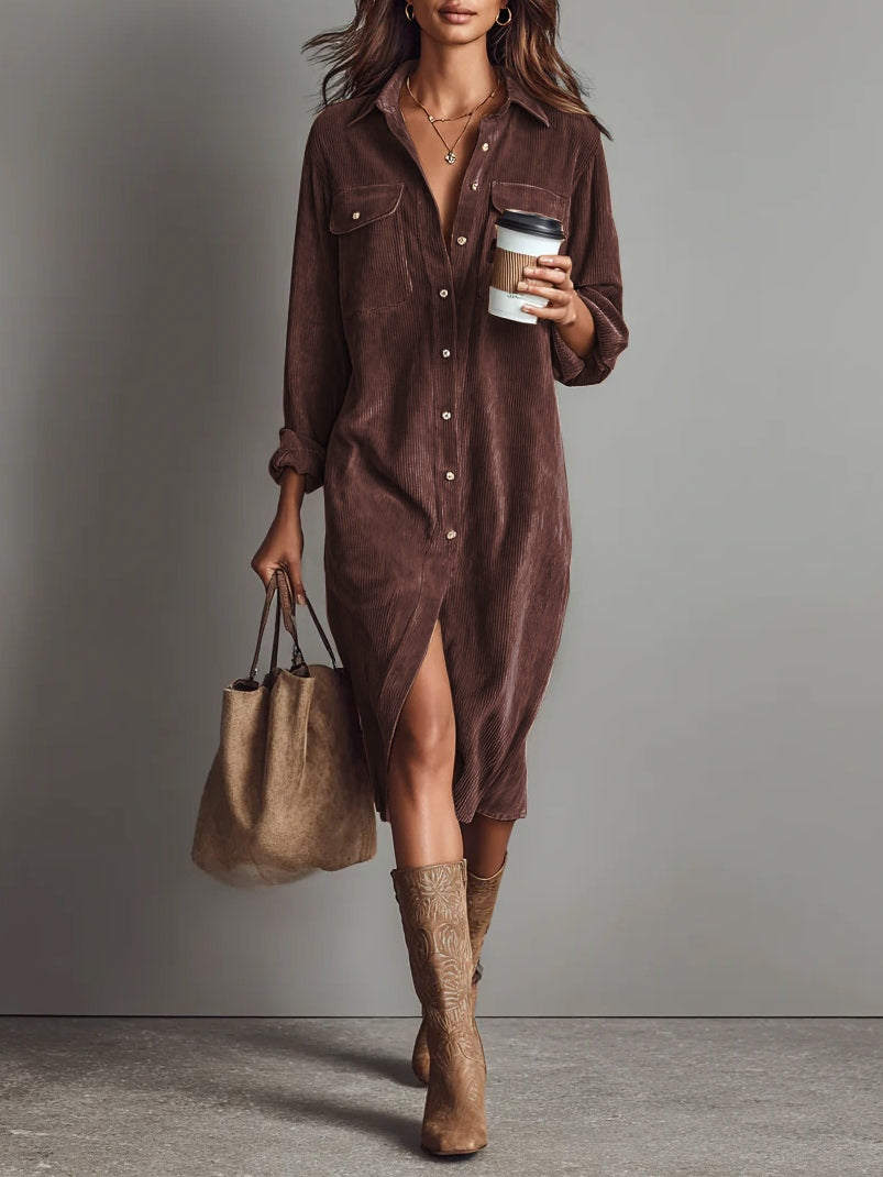 Stylish Women's Corduroy Shirt Dress with Button Closure and Pockets