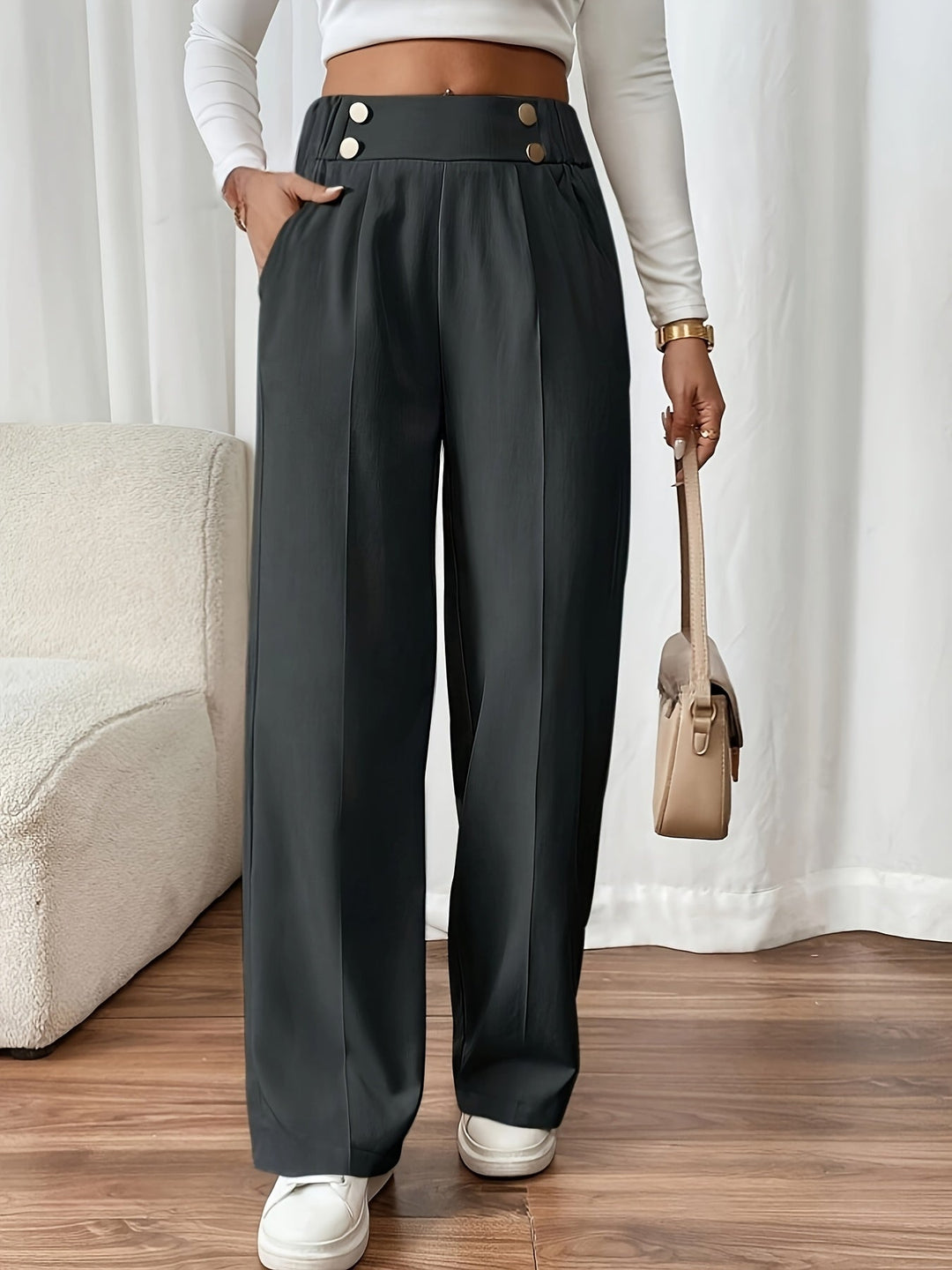 Renna | Elegant High-Waisted Trousers with Button Detail