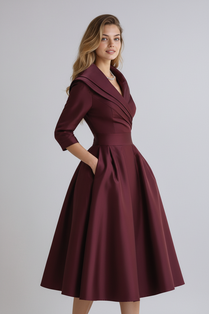 Chic A-Line Midi Dress for Women with Long Sleeves and Pockets