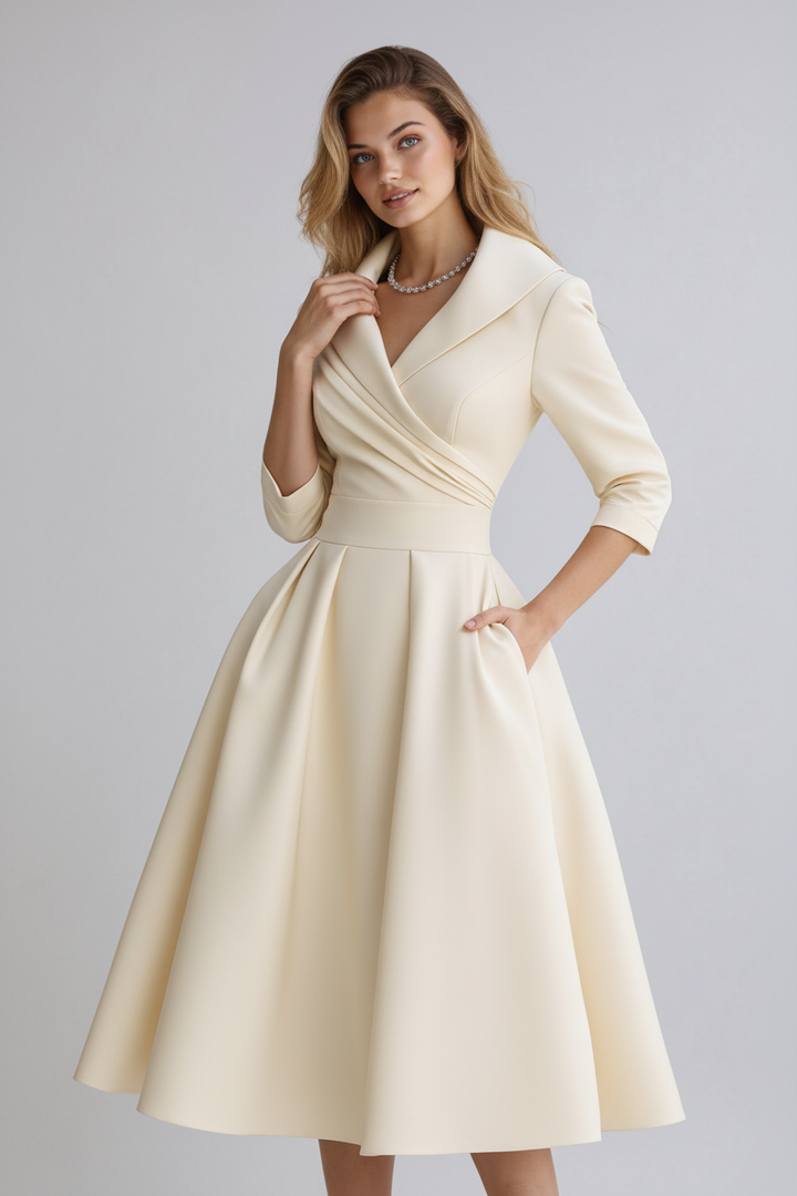 Chic A-Line Midi Dress for Women with Long Sleeves and Pockets