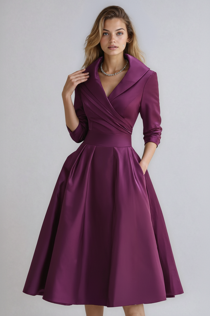 Chic A-Line Midi Dress for Women with Long Sleeves and Pockets