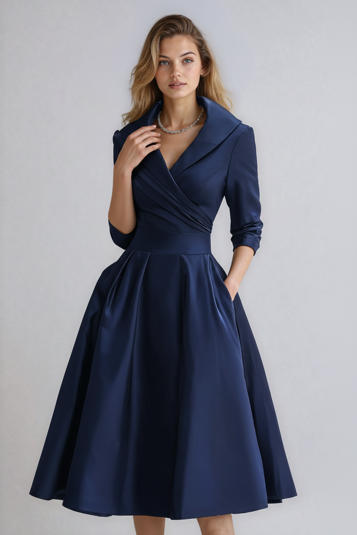Chic A-Line Midi Dress for Women with Long Sleeves and Pockets