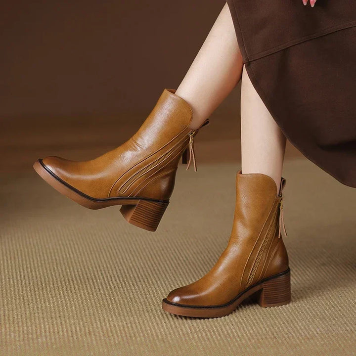 Women's Elegant Leather Ankle Boots with Block Heel and Zipper