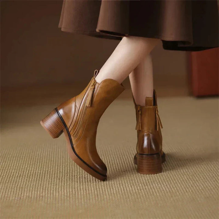 Women's Elegant Leather Ankle Boots with Block Heel and Zipper