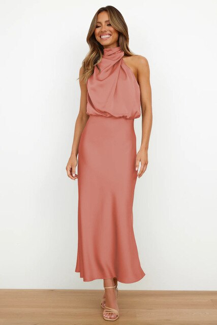 Luxury Satin Gala Midi Dress with Halter Neck for Women