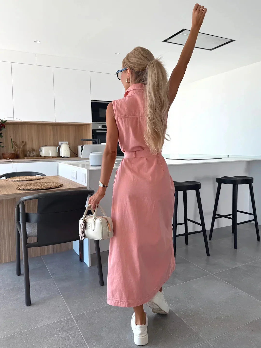 Stylish summer women's midi dress with denim look and slit