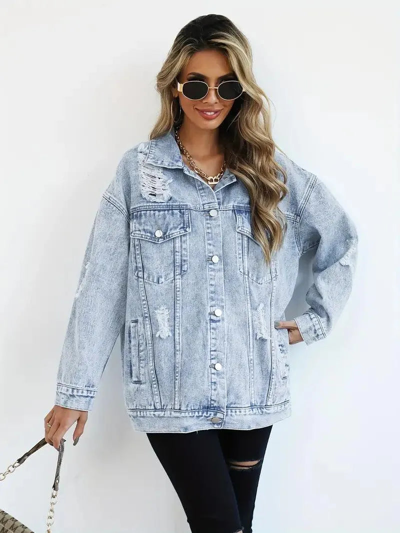 Oversized Women's Denim Jacket with Edgy Look and Snap Button Closure