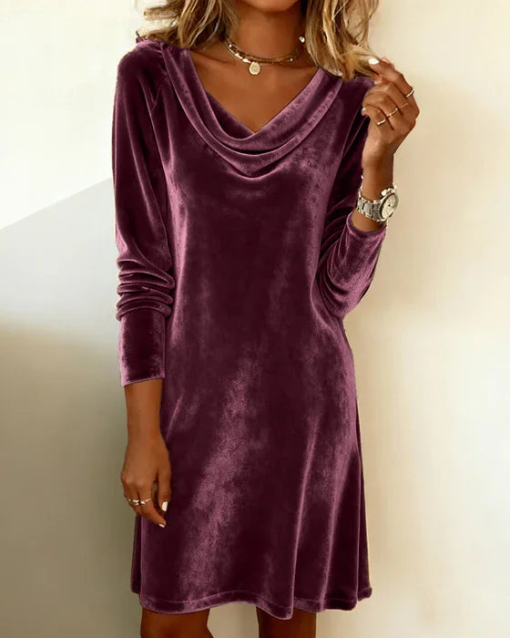 Velvet Women's Mini Dress with Waterfall Neckline and Long Sleeves