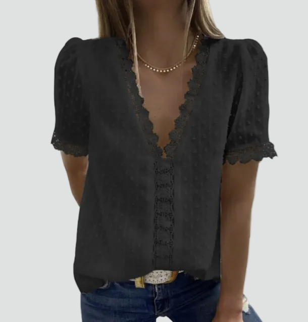 Summer Women's Blouse With V Neck And Lace Short Sleeves