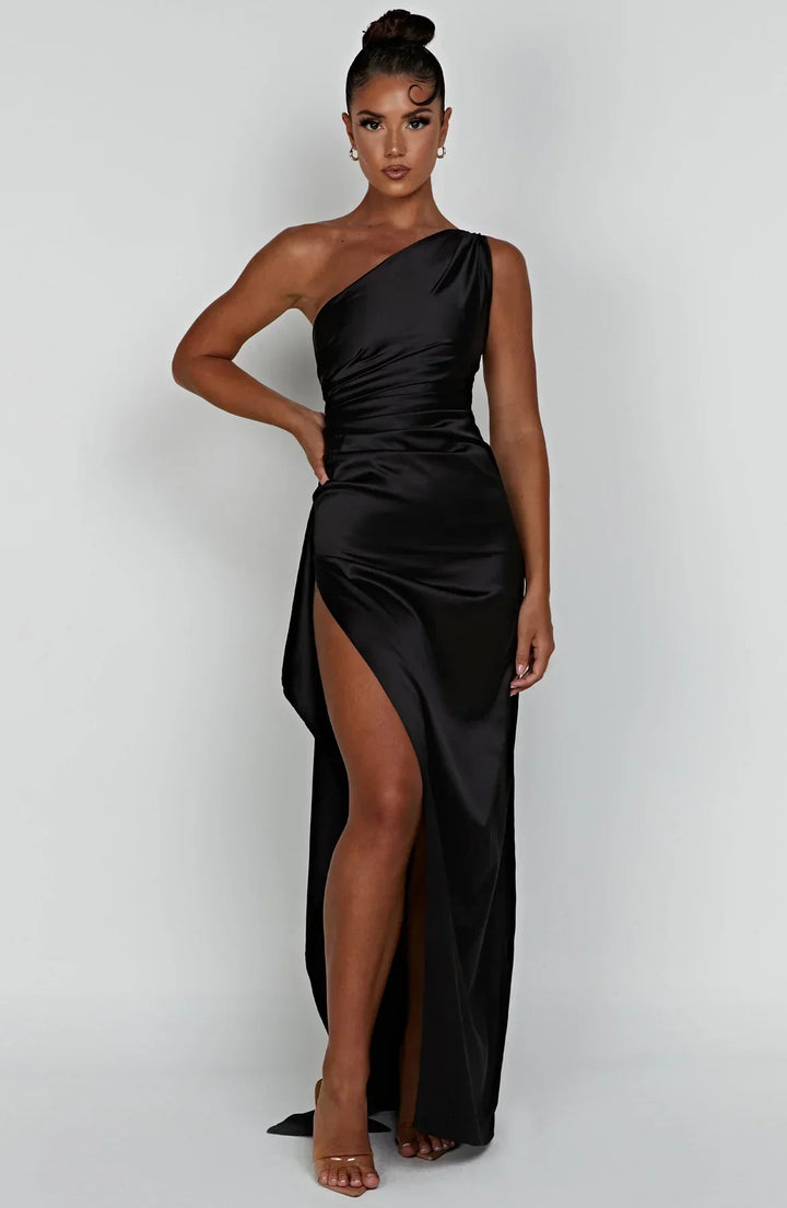 Jadey | Satin One-Shoulder Gala Evening Dress with High Slit