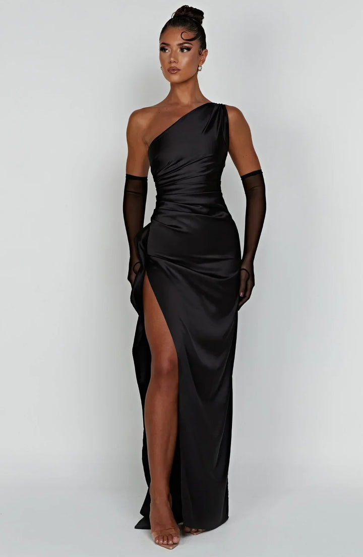 Jadey | Satin One-Shoulder Gala Evening Dress with High Slit