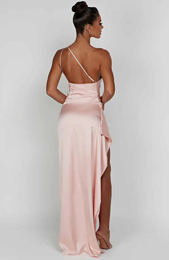 Jadey | Satin One-Shoulder Gala Evening Dress with High Slit